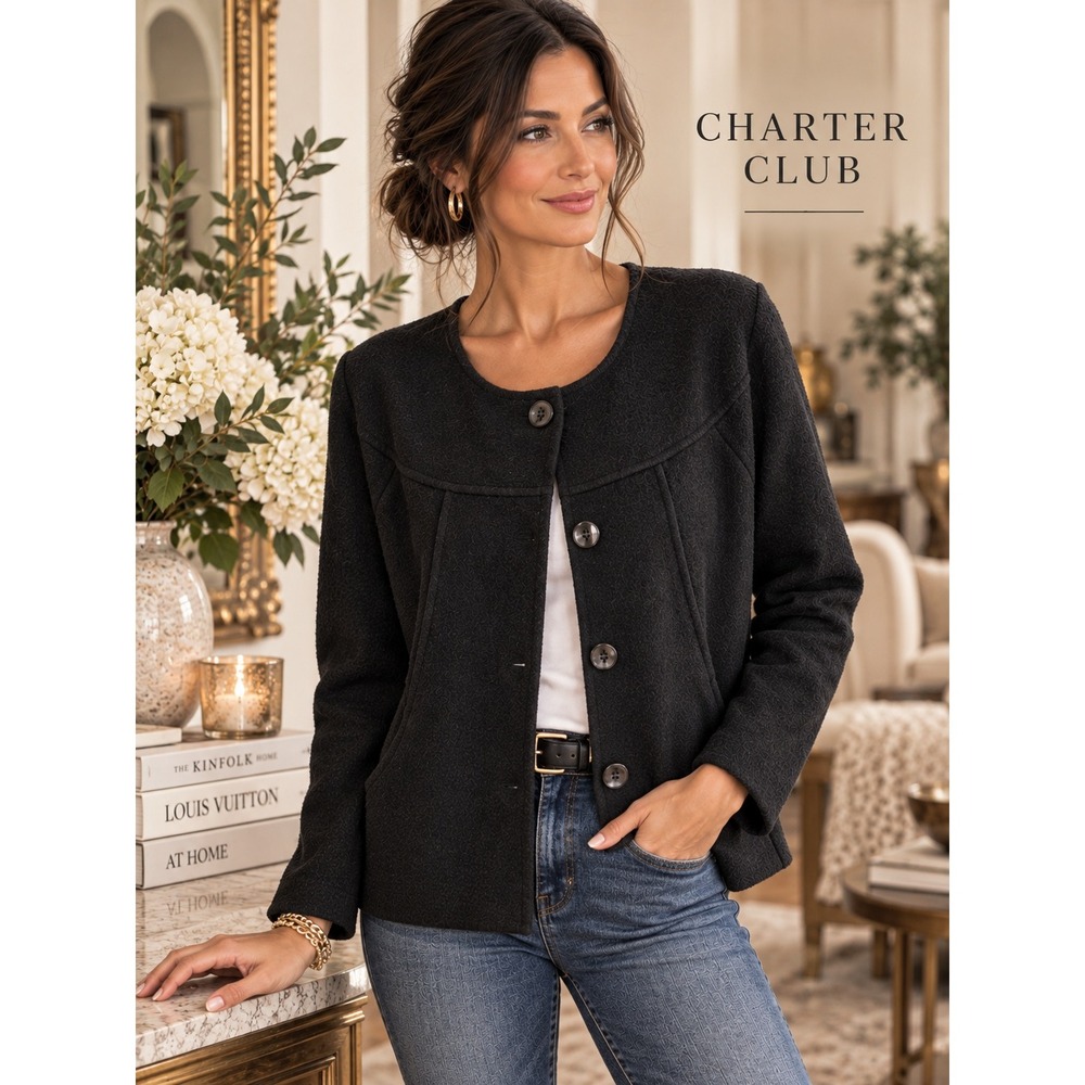 Charter Club Black 100% Merino Wool Button Front Cardigan Jacket Women Small
